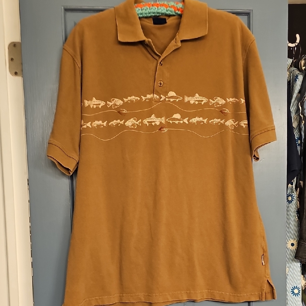 VINTAGE Woolrich Polo Light Brown Shirt Fish Pattern Top Mens Large Trout Retro